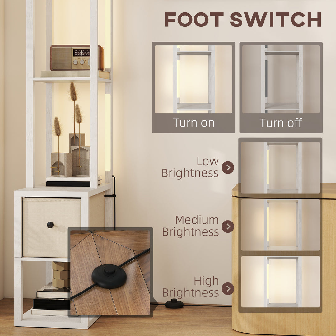 Floor Lamp with Shelves, LED Column Modern Standing Lamp with Fabric Drawer, Adjustable Brightness, Foot Switch for Living Room, Bedroom, Office, White