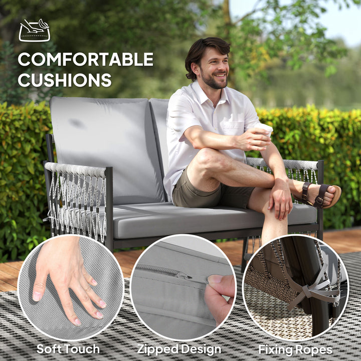 4 Piece Rattan Garden Furniture Set, 4 Seater Wicker Patio Conversation Set with 2 Armchairs, Loveseat, Glass Top Coffee Table and Cushions for Outdoor, Balcony, Grey