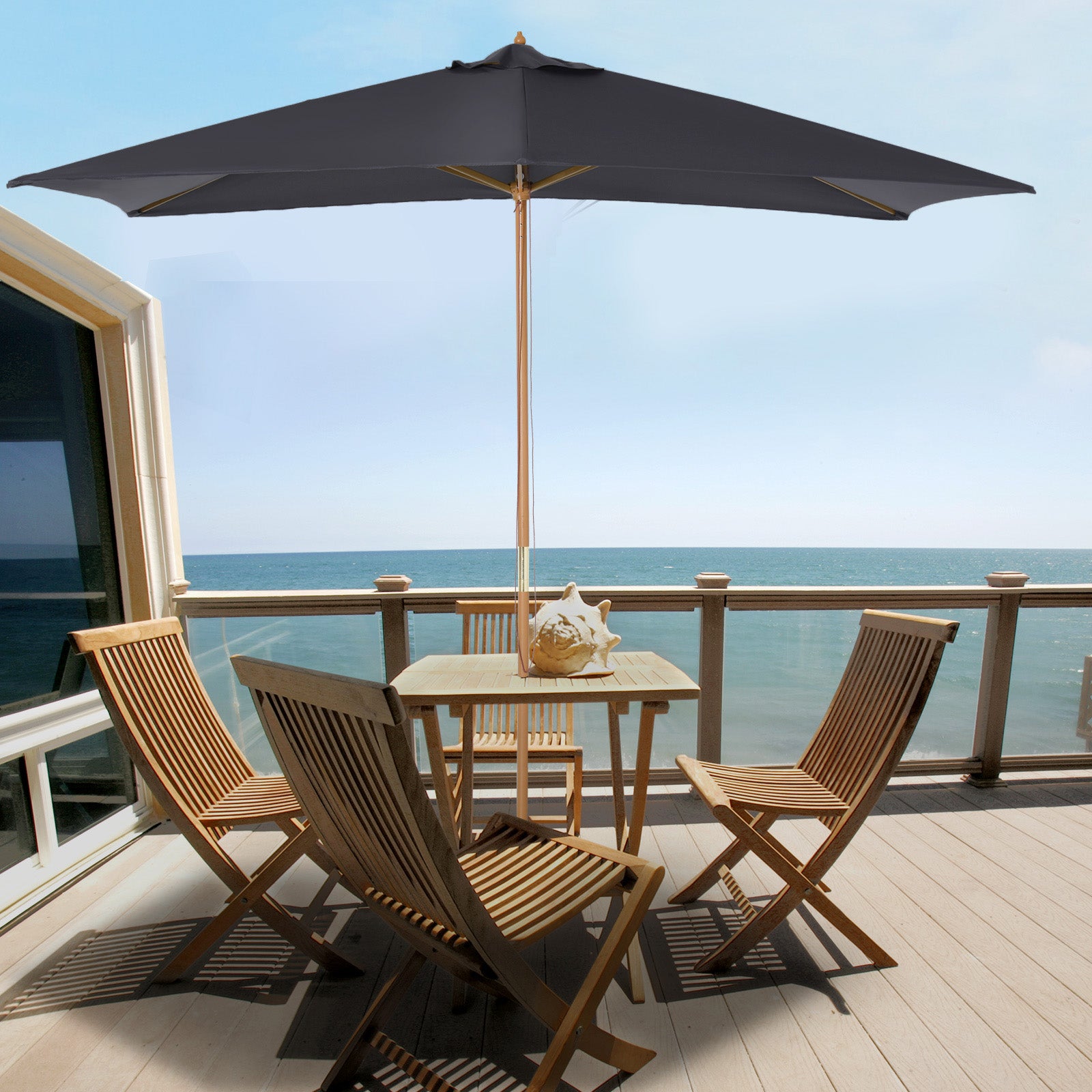 2 x 3m Wooden Garden Parasol Umbrella Outdoor Sun Shade Canopy, Dark Grey