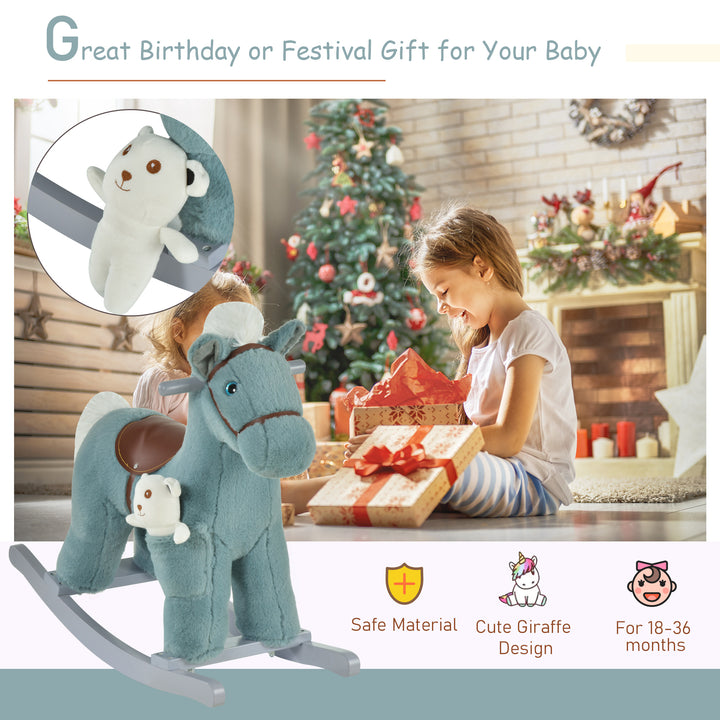 MCL Kids Plush Ride-On Rocking Horse Toy Rocker with Plush Toy Realistic Sounds for Child 18-36 Months Blue