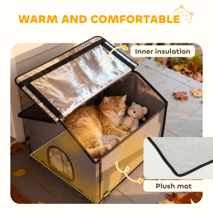 MCL Outdoor Cat House, Waterproof Insulated Cat Kennel with Elevated Base, Foldable Feral Kitty Shelter for Kittens, Grey