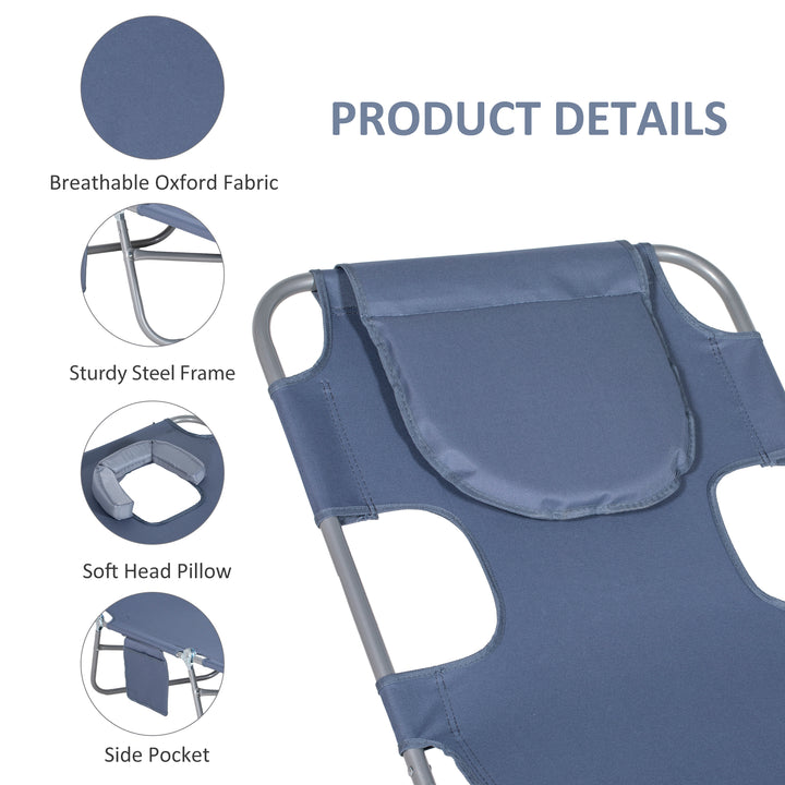 Foldable Sun Lounger, Beach Chaise Lounge with Reading Hole, Arm Slots, 5-Position Adjustable Backrest, Side Pocket, Pillow for Garden, Beach, Pool, Grey