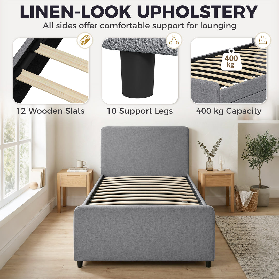 3ft Single Bed Frame with Trundle, Upholstered Pull Out Trundle Bed wi