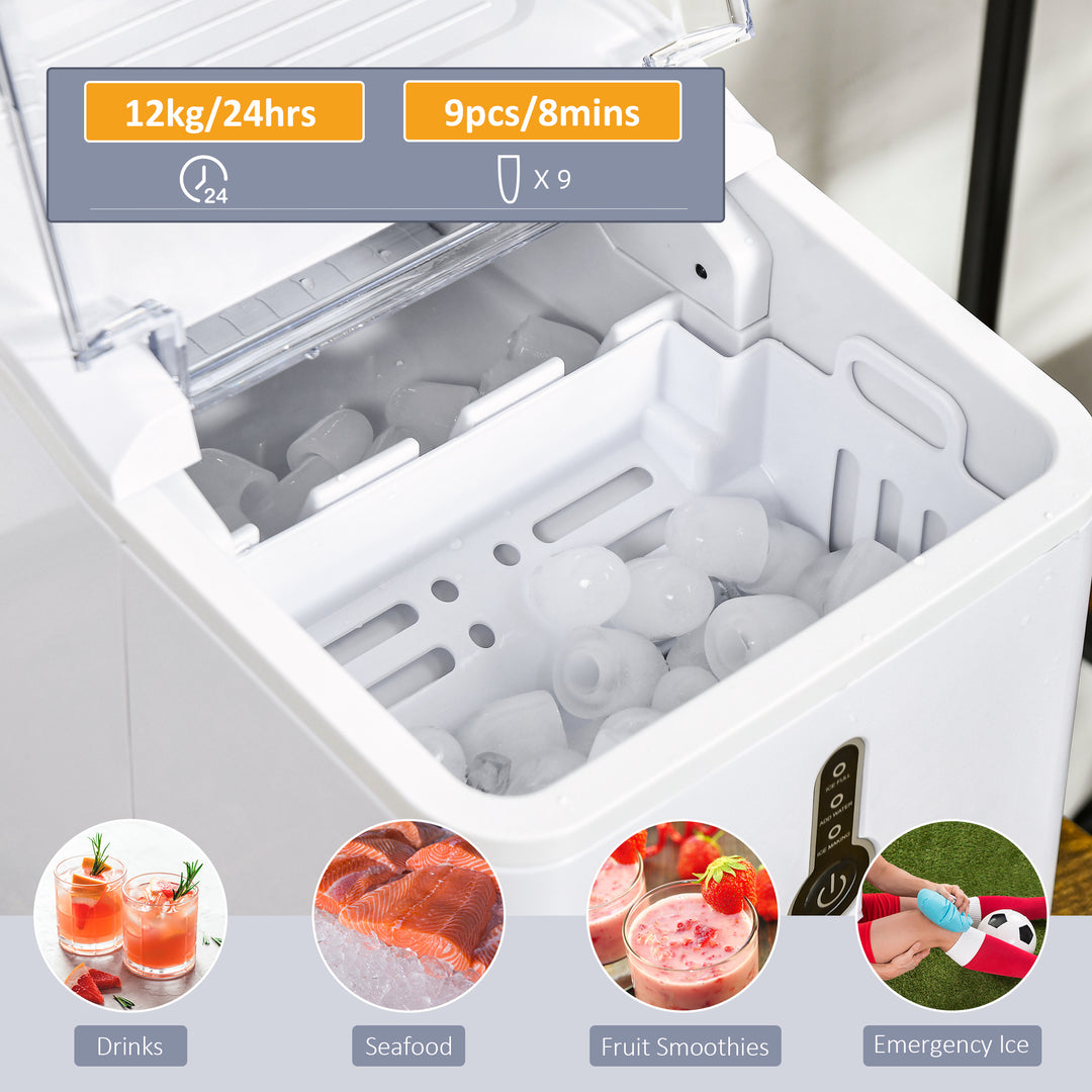 Ice Maker Machine, 1.5L Countertop Ice Cube Maker with Self-Cleaning, 9 Cubes Ready in 8 Mins, 12kg in 24 Hrs, No Plumbing with Basket, White