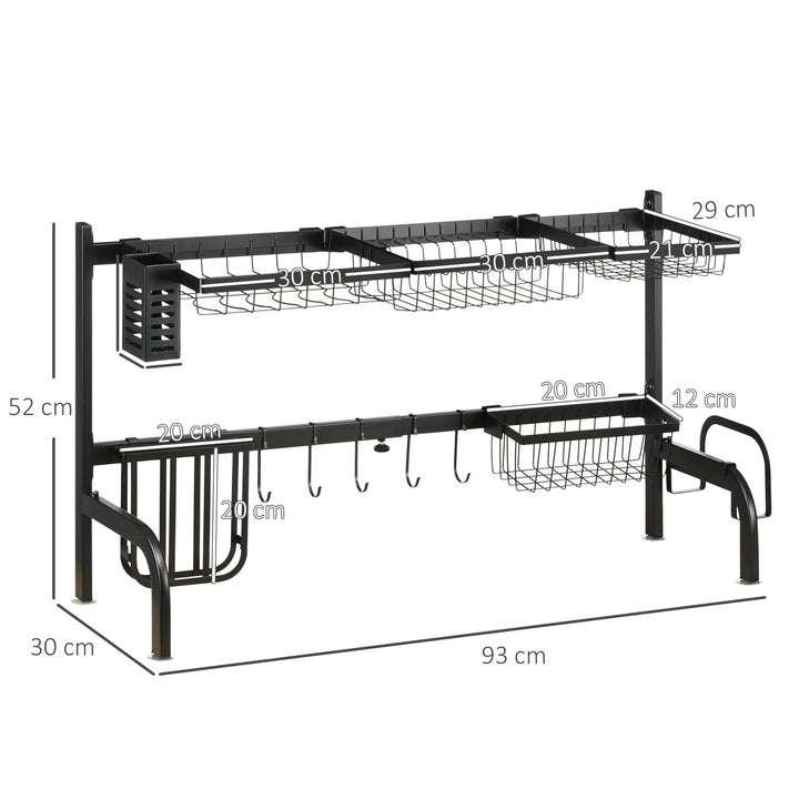 HOMCOM Space Saving 2 Tier Adjustable Dish Drainer Over The Sink Dish Drying Rack, Black | Aosom UK