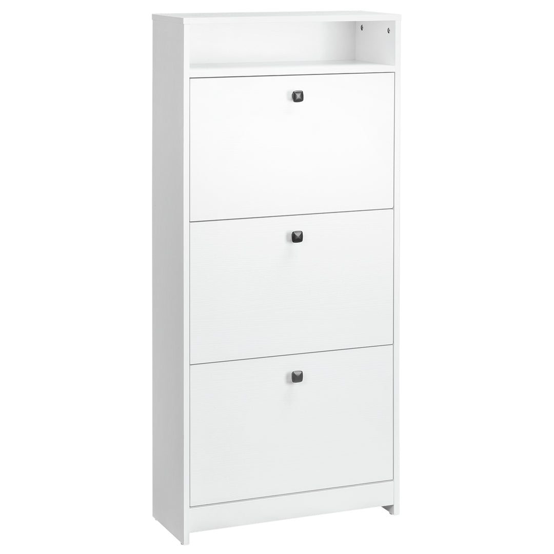 Narrow Shoe Cabinet with 3 Flip Doors, 14-18 Pairs Shoe Cupboard with Open Shelf for Slim Hallway and Entryway, 24 x 60 x 132 cm, White