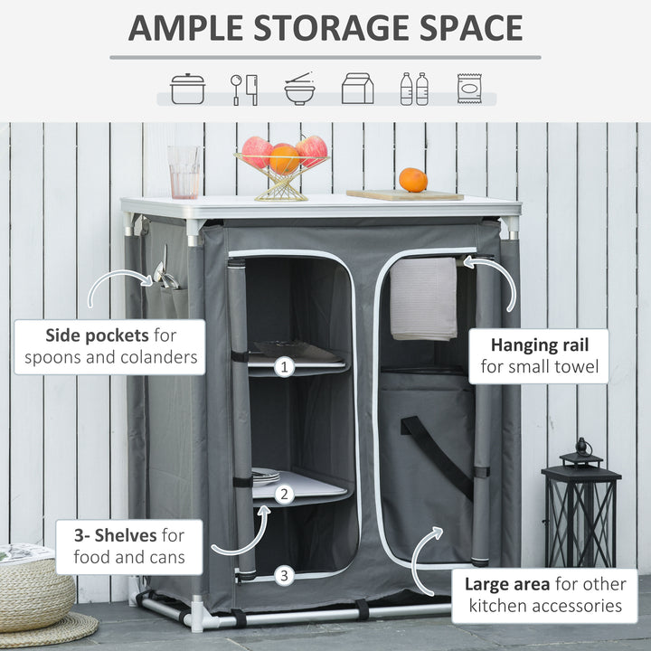 Aluminum Camping Cupboard, Camping Kitchen Station Cook Table with 3-Shelf, Storage Organiser for BBQ Party Picnic