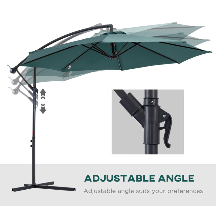 Outsunny Cantilever Parasol, 3m Banana Hanging Umbrella with Crank Handle, 8 Ribs, Cross Base, Outdoor Sun Shade, Dark Green