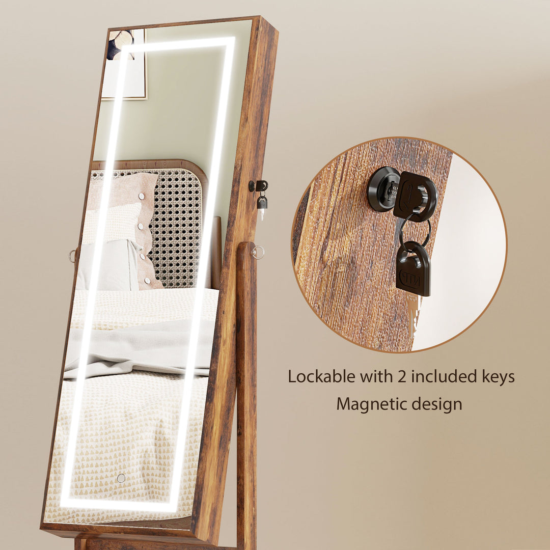 Jewellery Cabinet with LED Light, Lockable Jewellery Organiser with Full-Length Mirror for Bedroom Dressing Room, Rustic Brown