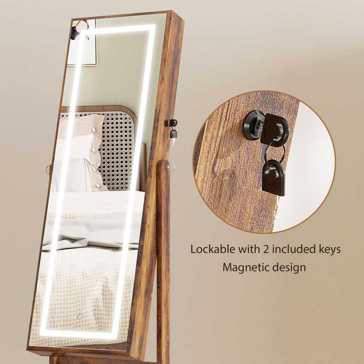 Jewellery Cabinet with LED Light, Lockable Jewellery Organiser with Full-Length Mirror for Bedroom Dressing Room, Rustic Brown