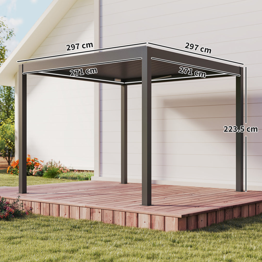 3 x 3(m) Electric Louvered Pergola with LED Lights, Aluminium Pergola Hardtop Gazebo with Remote, Adjustable Roof and Drainage System, Water and UV Proof