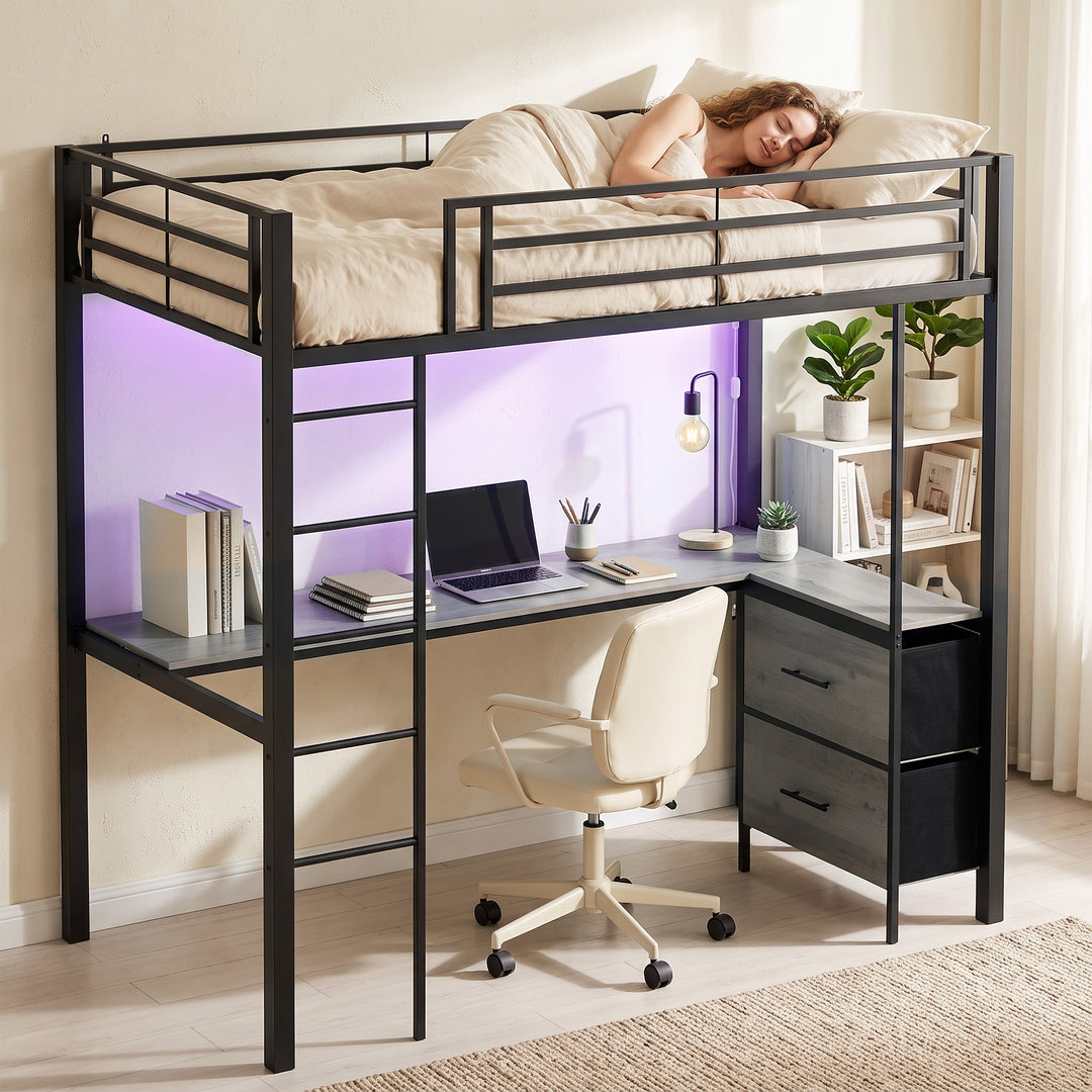 Metal Bunk Bed with Desk, High Sleeper Bed with LED Light and Safety G