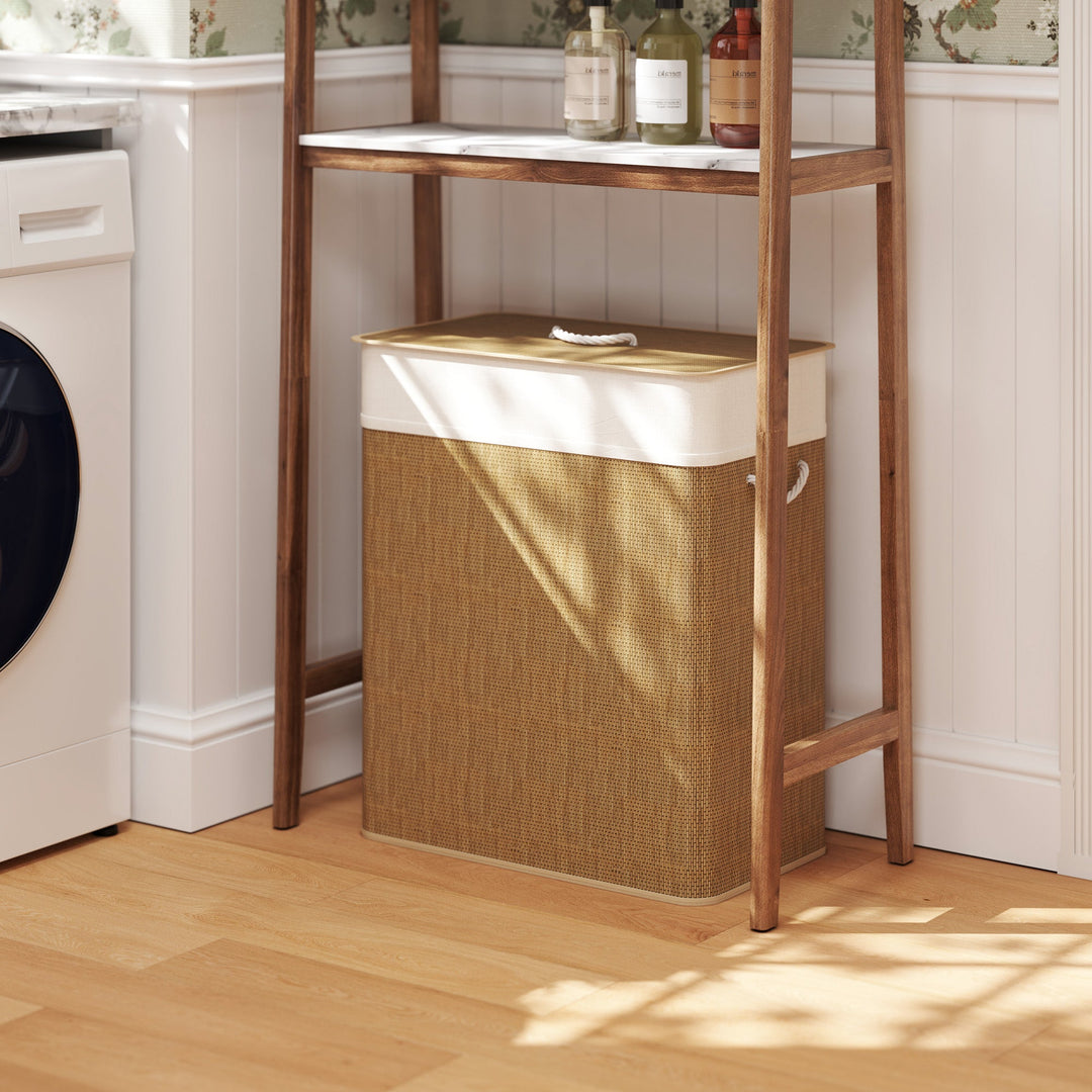 Double Laundry Basket with Lid, 100L Bamboo Laundry Hamper with Rope Handles, Washing Basket with Removable Liner for Bathroom, Bedroom