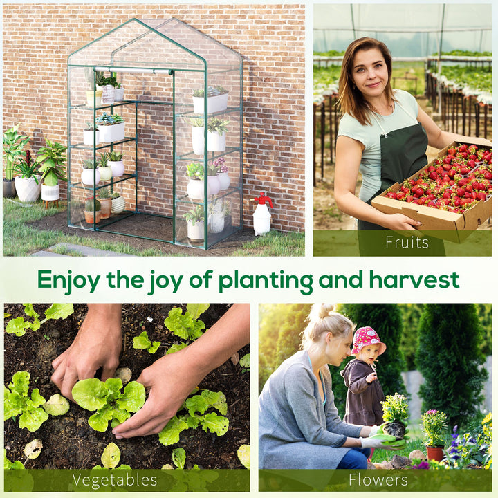 Walk in Greenhouse with 4-Tier 8 Shelves, Green House with Hemmed Cover, Roll-up Zipped Door, Steel Frame, 143 x 73 x 195cm