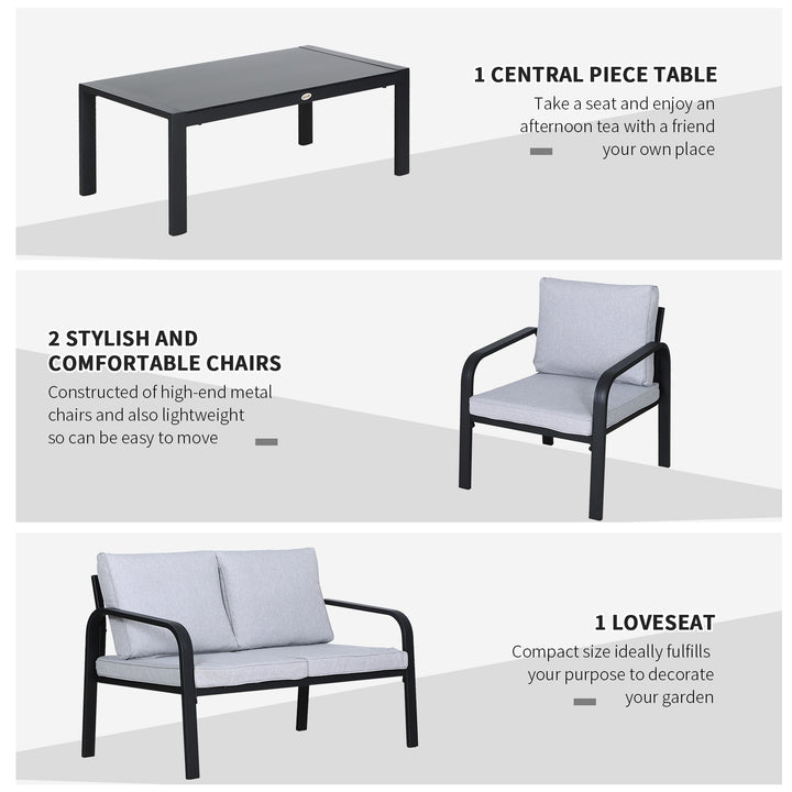 4pcs Garden Sofa Set 2 Single Armchair, 1 Bench & 1 Coffee Table Set Aluminum Frame Patio Furniture with Cushions, Black