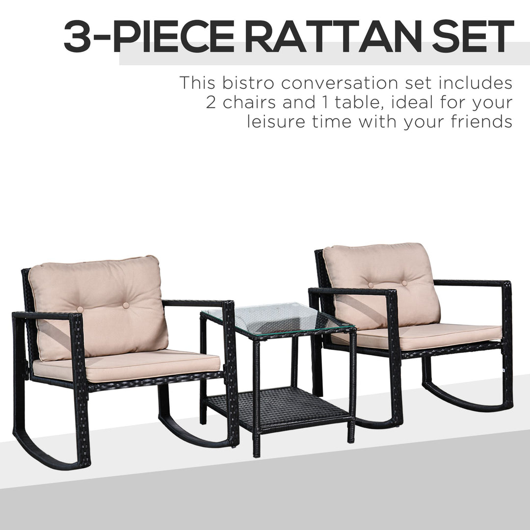 MCL 3 Pieces Rattan Garden Rocking Chair Set, Outdoor Rocking Bistro Set w/ 2 Cushioned Armchair and Glass Top Two-tier Coffee Table, Black