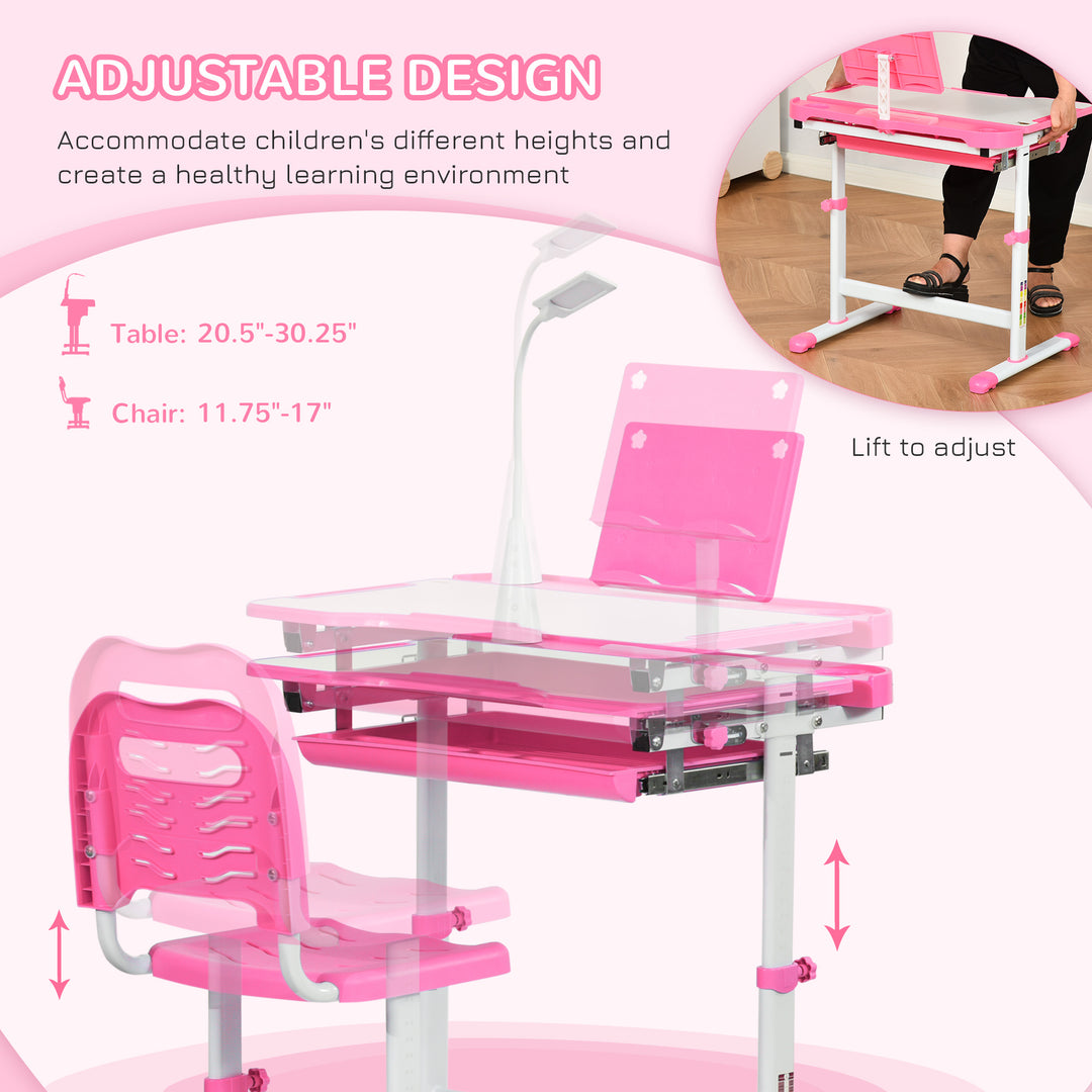 HOMCOM Kids Desk and Chair Set, Height Adjustable Study Desk with USB Lamp, Storage Drawer for Study, Pink and White