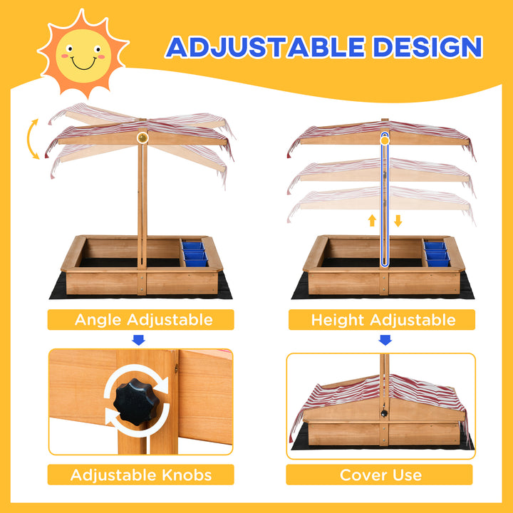 Sand Pit Kids Wooden Sandbox with Cover Children Sandpit Play Station Height Adjustable with Canopy, Bottom Liner, Plastic Basins for Outdoor Aged 3-7 Years