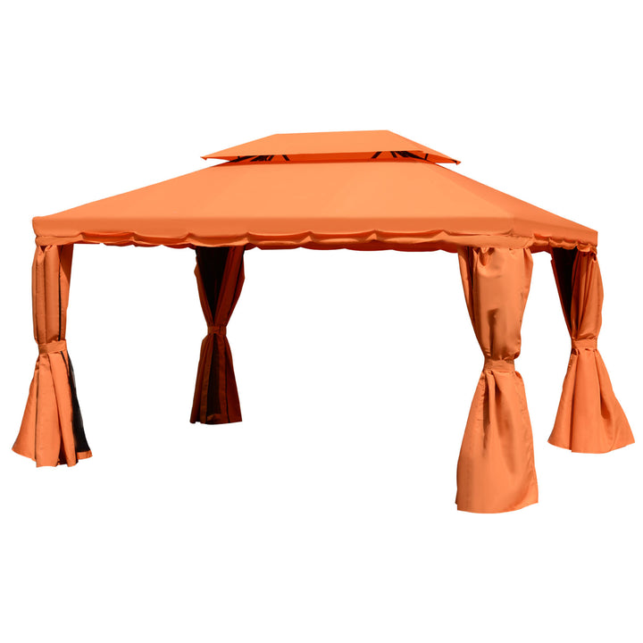 4 x 3 m Aluminum Garden Gazebo, Double Roof Outdoor Gazebo Canopy Shelter with Netting & Curtains for Garden, Lawn, Backyard and Deck, Orange