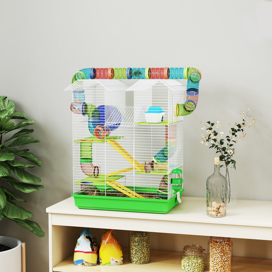 5 Tier Hamster Cage Carrier Habitat with Exercise Wheels Tunnel Tube Water Bottle Dishes House Ladder for Dwarf Mice, Green