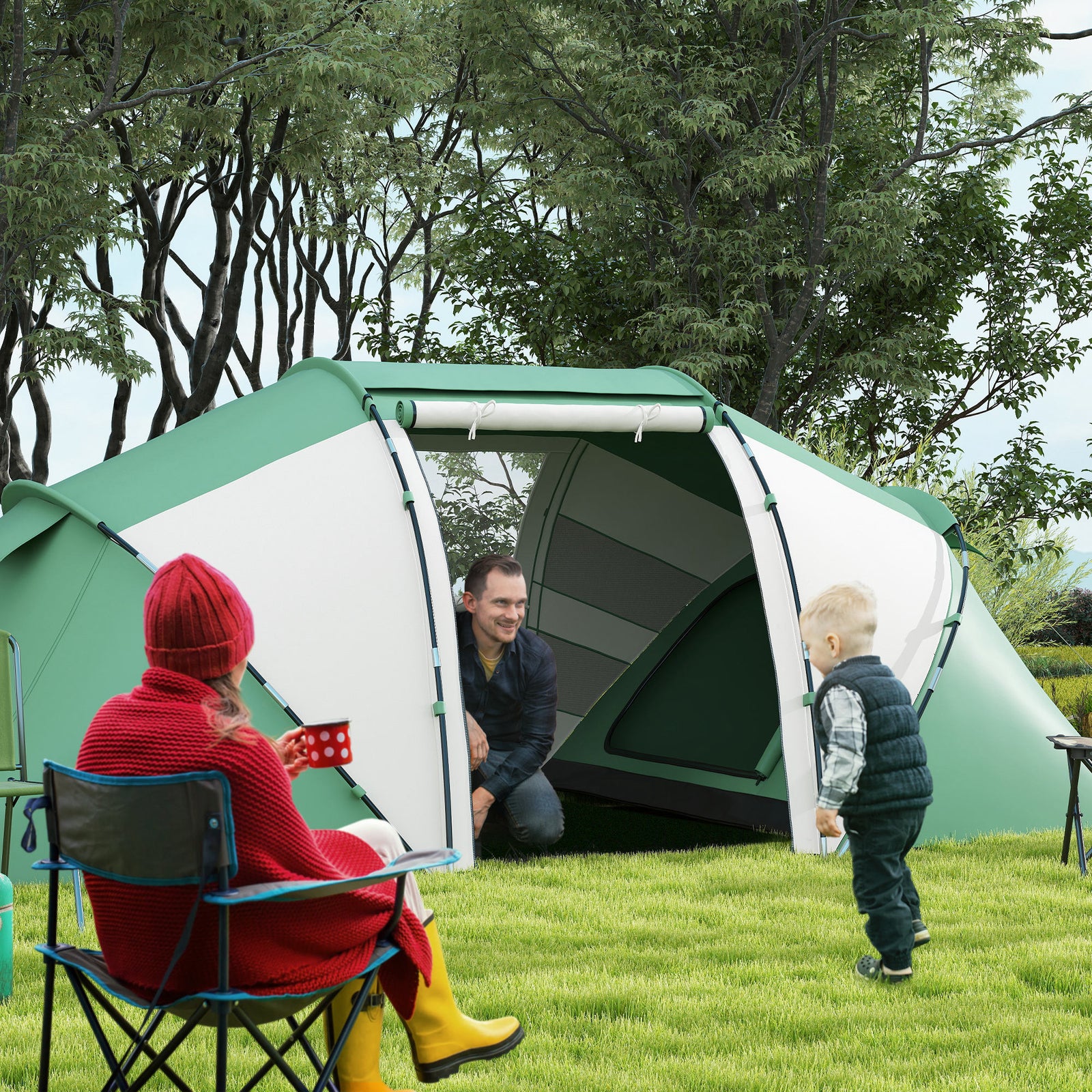 4-6 Man UV Protection Camping Tent - Green and White