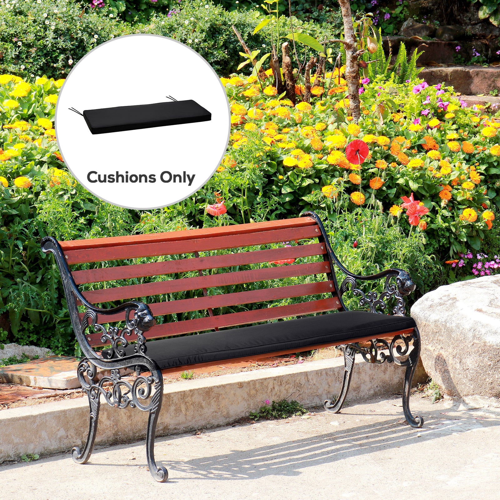 2-Seater Garden Bench Cushion with Ties, Swing Chair Cushion, Replacement Cushion for Outdoor Furniture, 110 x 46 cm, Black
