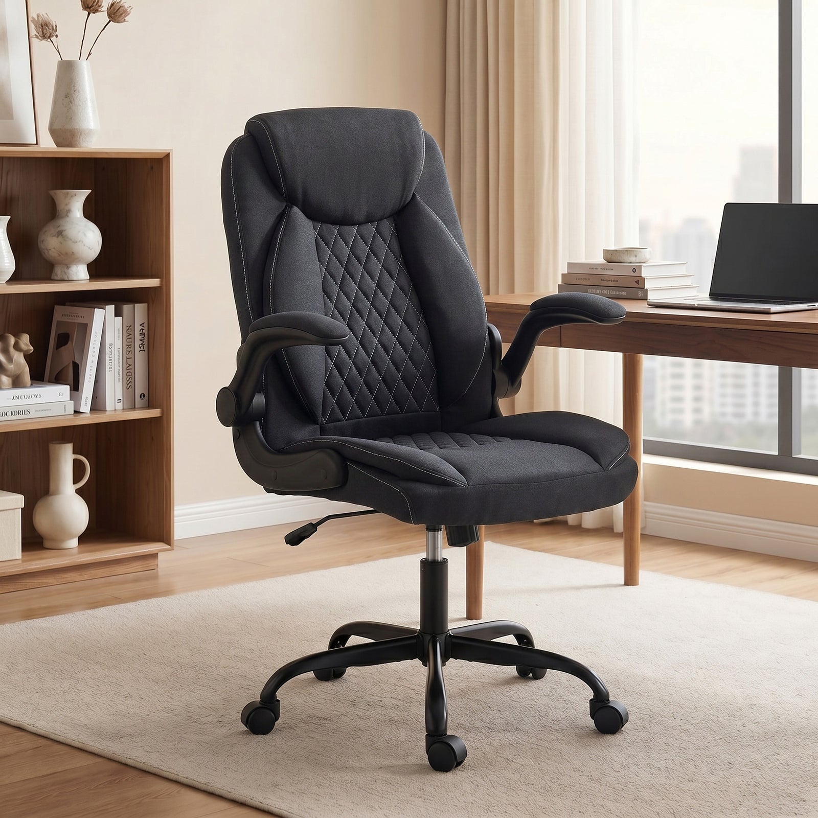 Linen-Look Computer Desk Chair, Executive Office Chair with Flip-Up Ar