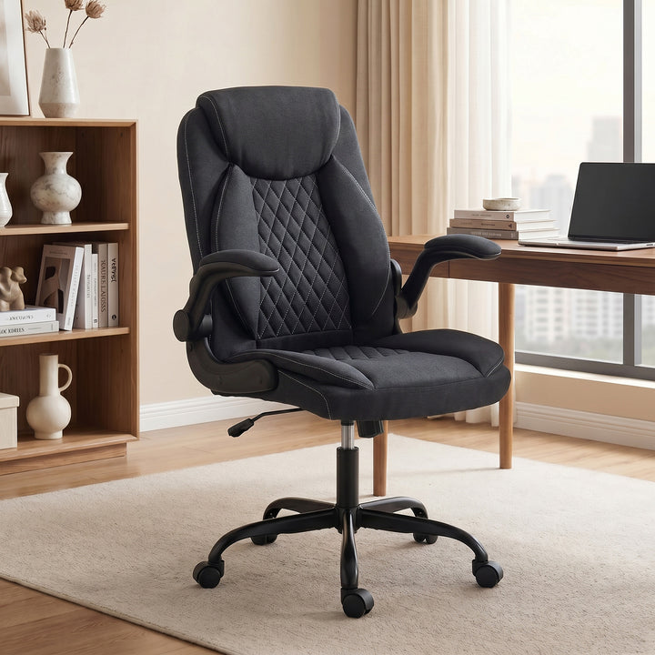 Linen-Look Computer Desk Chair, Executive Office Chair with Flip-Up Ar