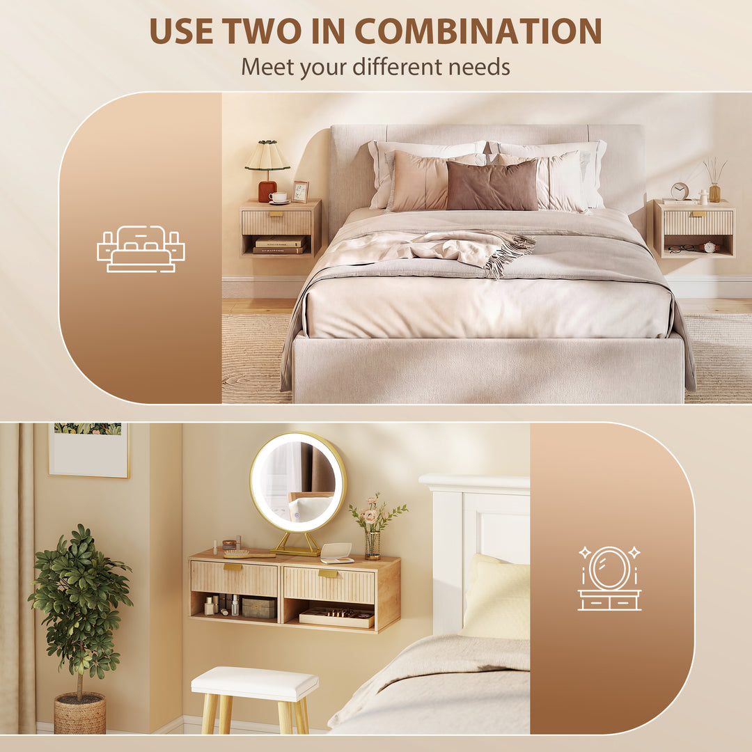 Set of 2 Wall Mounted Nightstands, Floating Bedside Tables with Fluted
