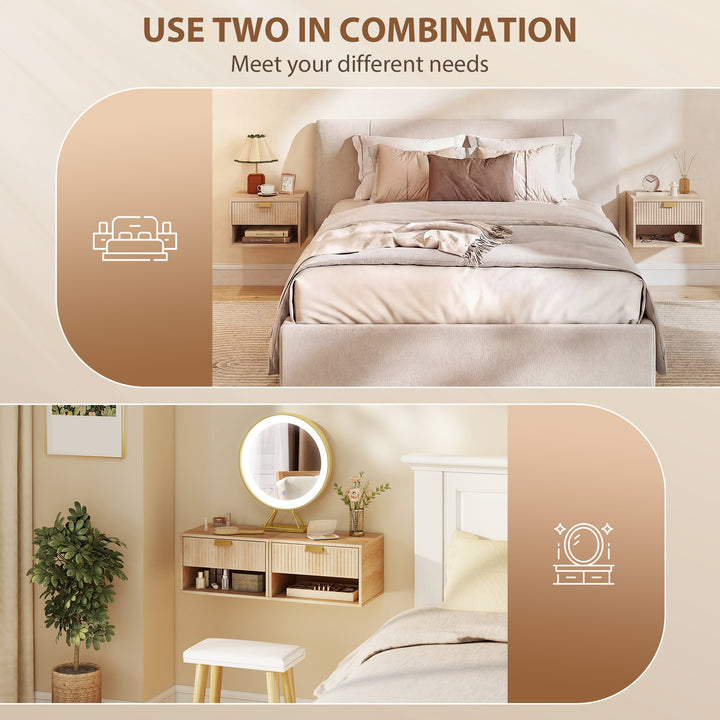 Set of 2 Wall Mounted Nightstands, Floating Bedside Tables with Fluted