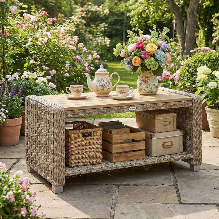 Outdoor Coffee Table with Storage Shelf, PE Rattan Side Table with Sla
