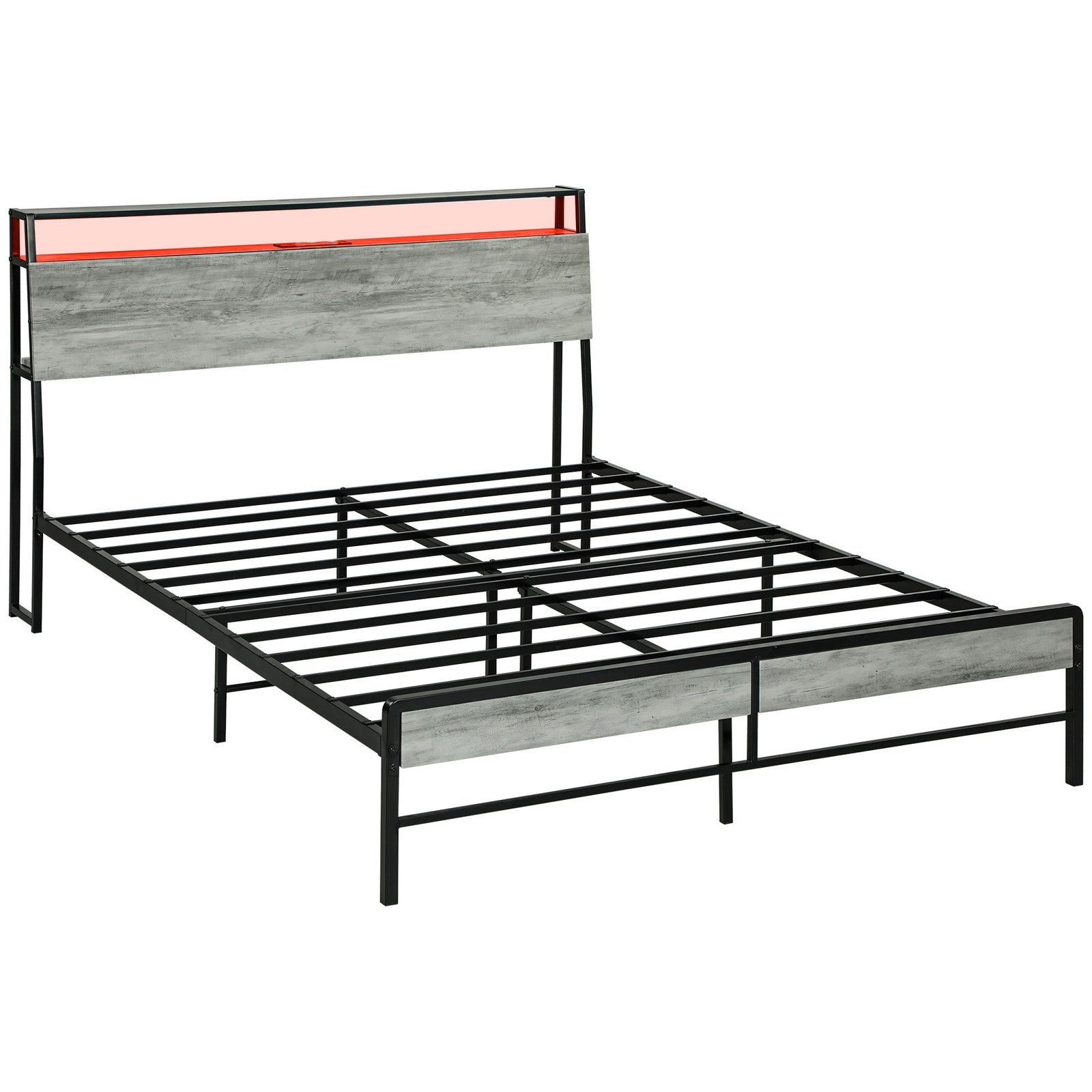 Double Steel Bed Frame, with LED Lights and Headboard Shelf - Grey
