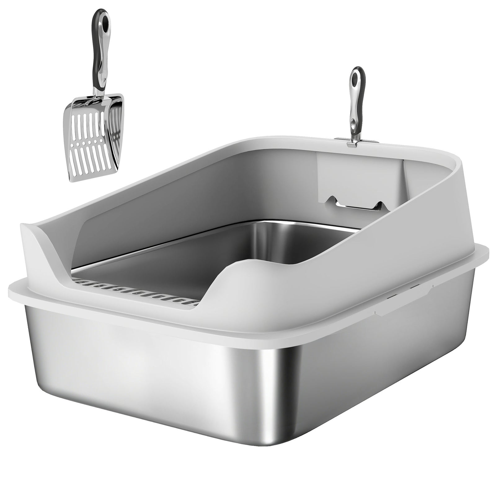 XXL Stainless Steel Cat Litter Box with High Sides, Metal Scoop, 70 x 50 x 30 cm