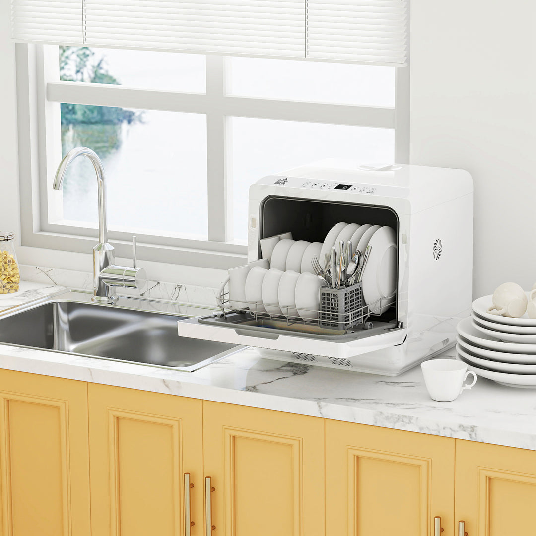Table Top Dishwasher with Built-in 6L Water Tank, Mini Countertop Dishwasher with 6 Programs, 4 Place Settings, White