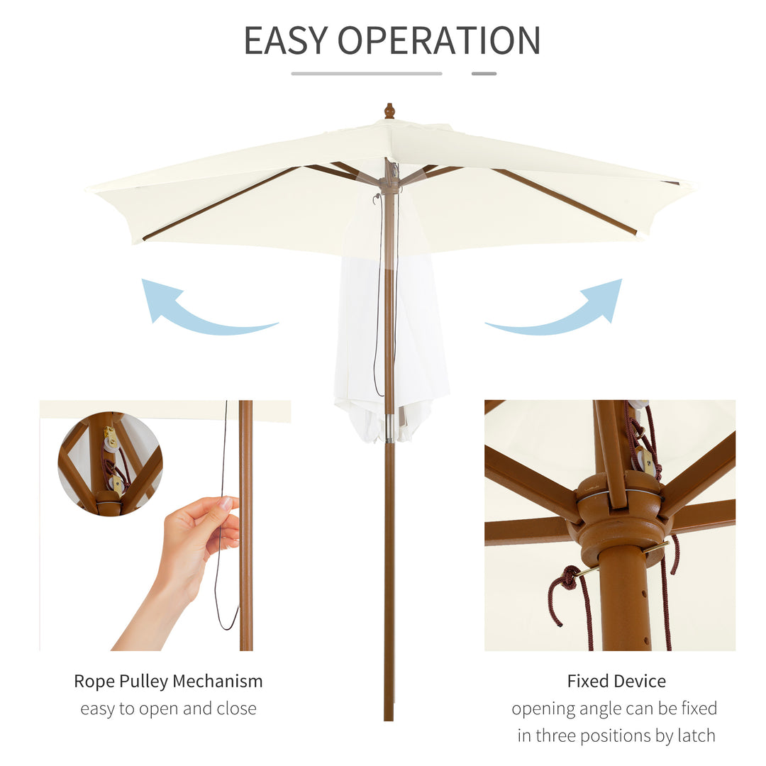 2.5m Patio Umbrella, Wood Garden Parasol, Sun Shade with 6 Ribs and Top Vent for Outdoor, White