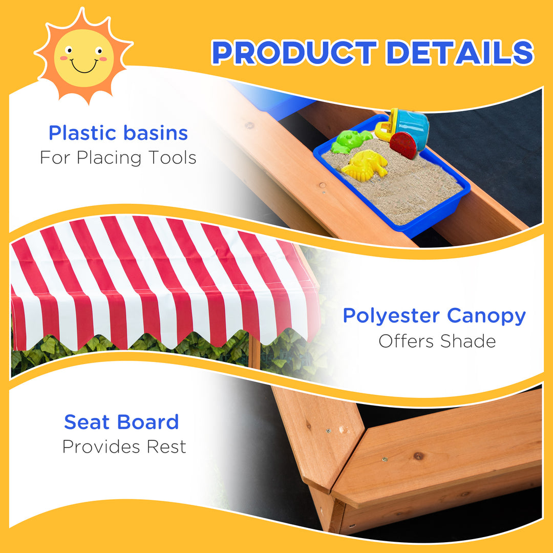 Sand Pit Kids Wooden Sandbox with Cover Children Sandpit Play Station Height Adjustable with Canopy, Bottom Liner, Plastic Basins for Outdoor Aged 3-7 Years