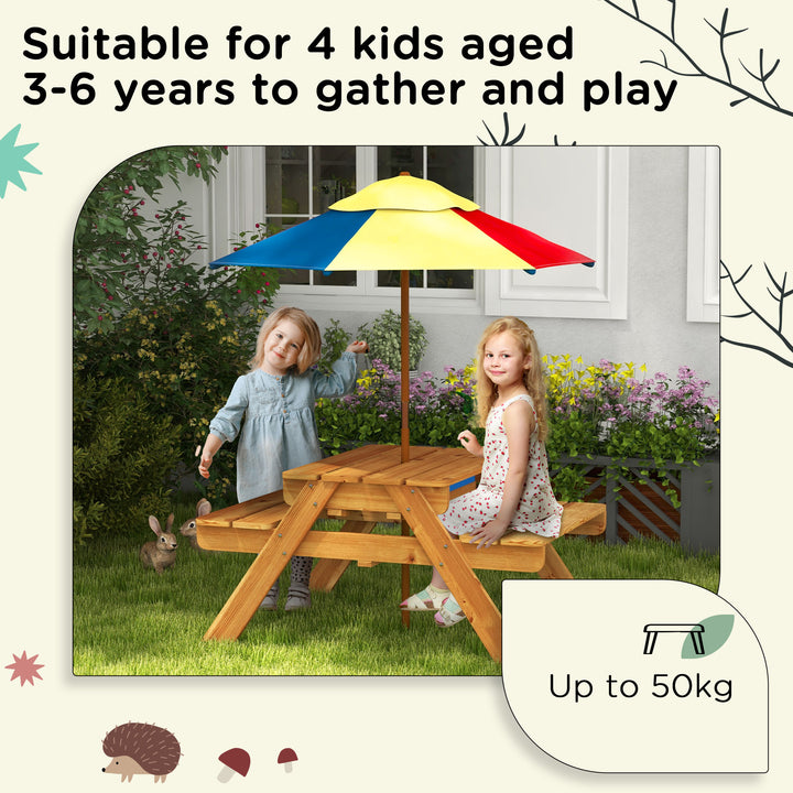 Kids Picnic Table Set, 3 in 1 Sand Pit Activity Table, Kids Garden Furniture w/ Removable Parasol, for 3-6 Years
