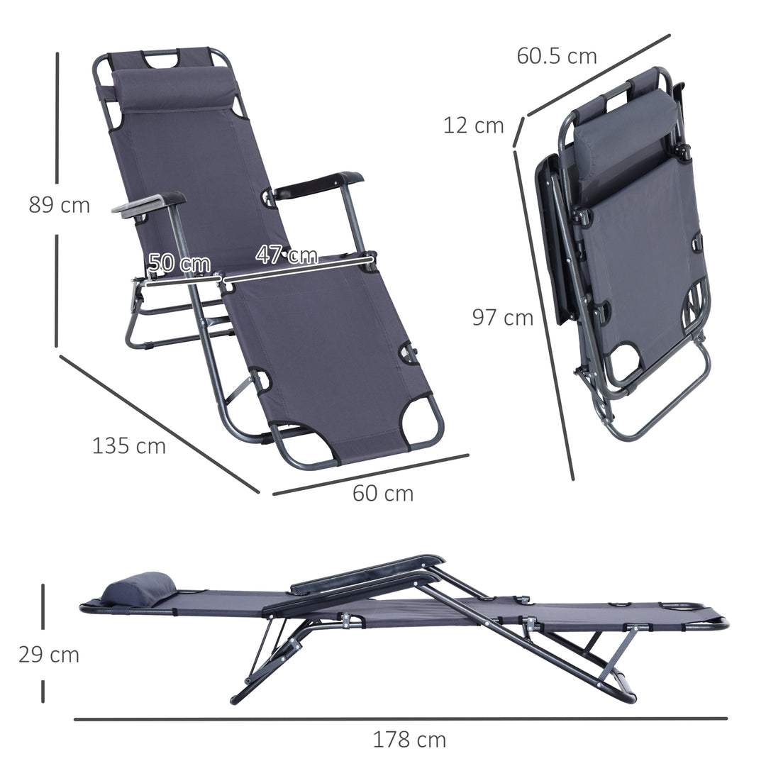 Outsunny 2 in 1 Sun Lounger Folding Reclining Chair Garden Outdoor Camping Adjustable Back with Pillow Grey | Aosom UK