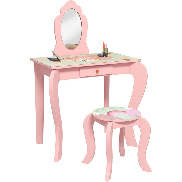 ZONEKIZ Kids Dressing Table with Mirror and Stool, Girls Vanity Table Makeup Desk with Drawer, Cute Animal Design, for 3-6 Years - Pink