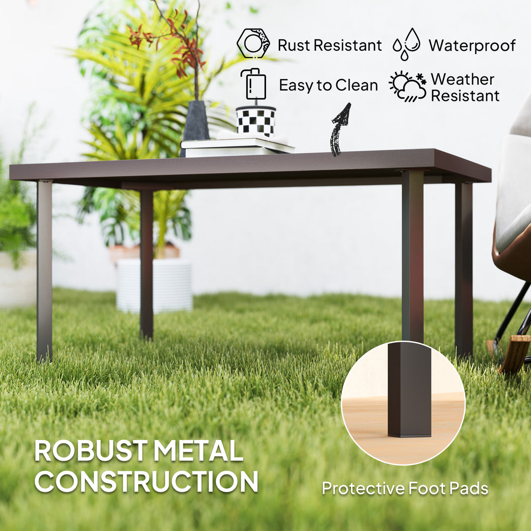 Metal Garden Coffee Table, Rectangular Outdoor Side Table with Woodgrain Tabletop, Foot Pads for Outside, Garden, Balcony, Porch, 95 x 55 x 46cm, Brown