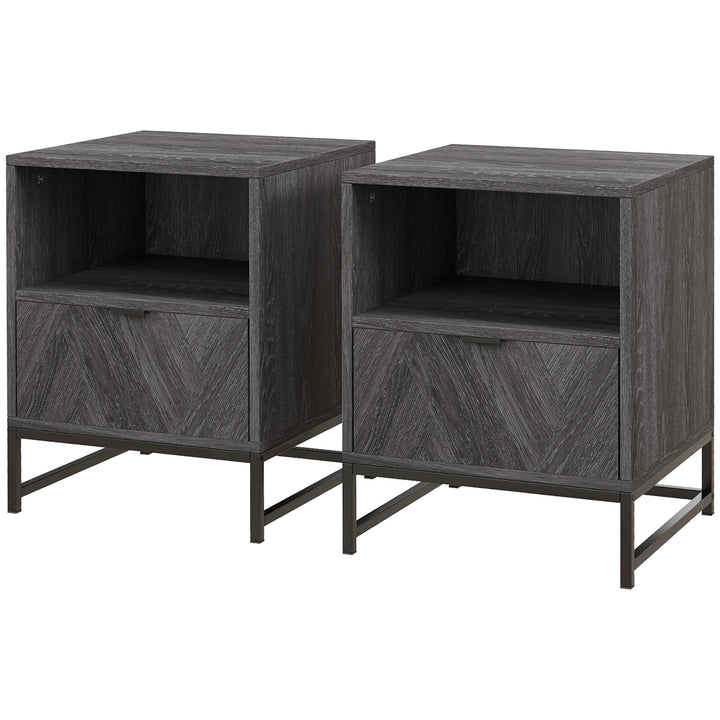 HOMCOM Bedside Cabinets: Dual Nightstands with Drawer & Shelf, Steel Legs for Living & Bedroom, Charcoal Grey | Aosom UK