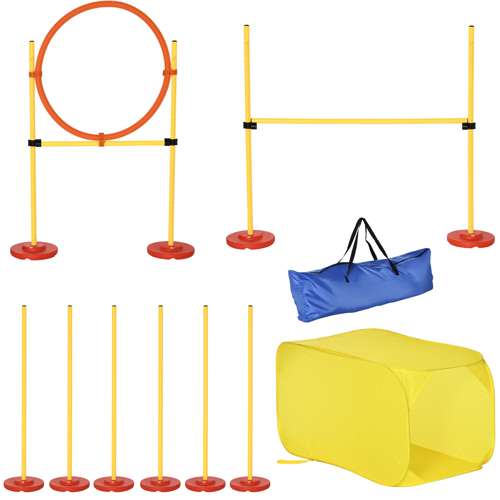 Dog Agility Equipment Portable Pet Training Obstacle Set for Dogs 5 Pieces w/ Adjustable High Jumping Pole, Jumping Ring, Weave Poles, Tunnel