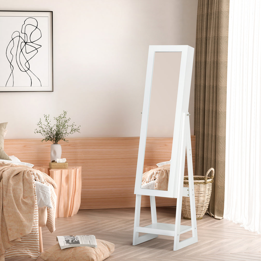 MCL Jewellery Cabinet, Standing Mirror with LED Lights, Full-Length Mirror with Storage Drawers, Hooks and Shelves, Make-Up Armoire, Jewellery Organiser for Bedroom, White