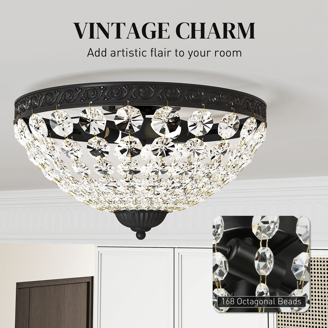 MCL Crystal Chandelier Ceiling Light with 168 Octagonal Beads, Vintage 2-Light Flush Mount Ceiling Light for Living Room, Bedroom, Hallway, Dining Room, Black