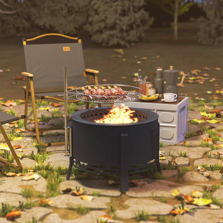 Portable Fire Pit, 58 cm Round Firepit with Grill Grate, Fire Bowl with Ash Catcher and Poker, Fire Pit BBQ for Garden Camping Bonfire Picnic, Black