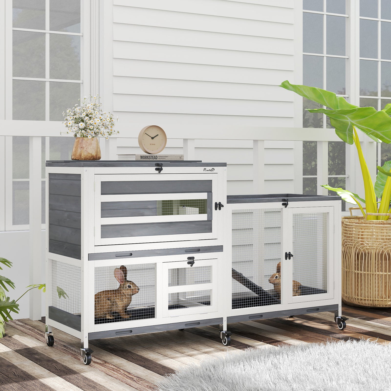 Wooden Rabbit Hutch with Run, 2-Tier Guinea Pig Hutch with Run, Wheels, 3 Plastic Trays, 2 Openable Top, for 2-3 Rabbits