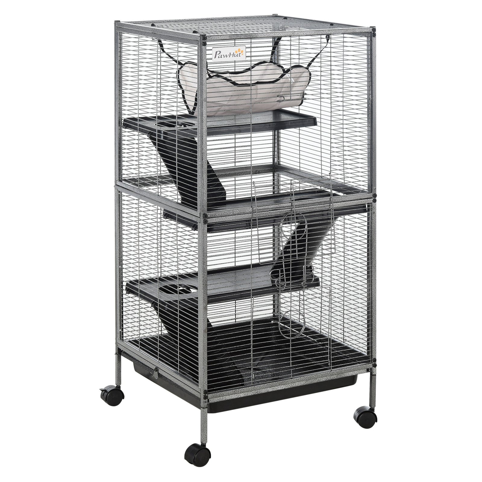 Small Animal Cage with Wheels Pet Home for Chinchillas Ferrets Kittens, with Hammock, 4 Platforms, Removable Tray, Silver