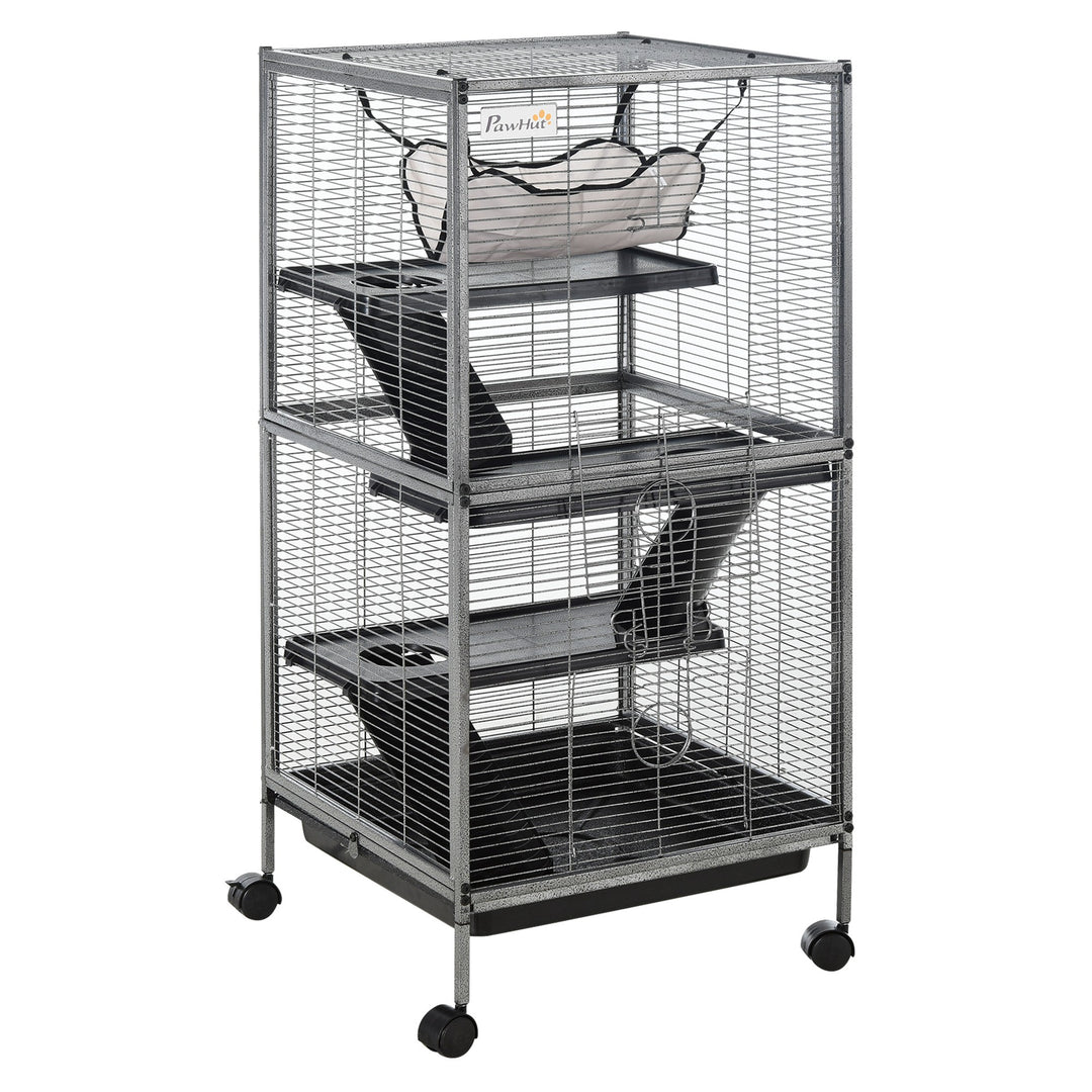 MCL Small Animal Cage with Wheels Pet Home for Chinchillas Ferrets Kittens, with Hammock, 4 Platforms, Removable Tray, Silver