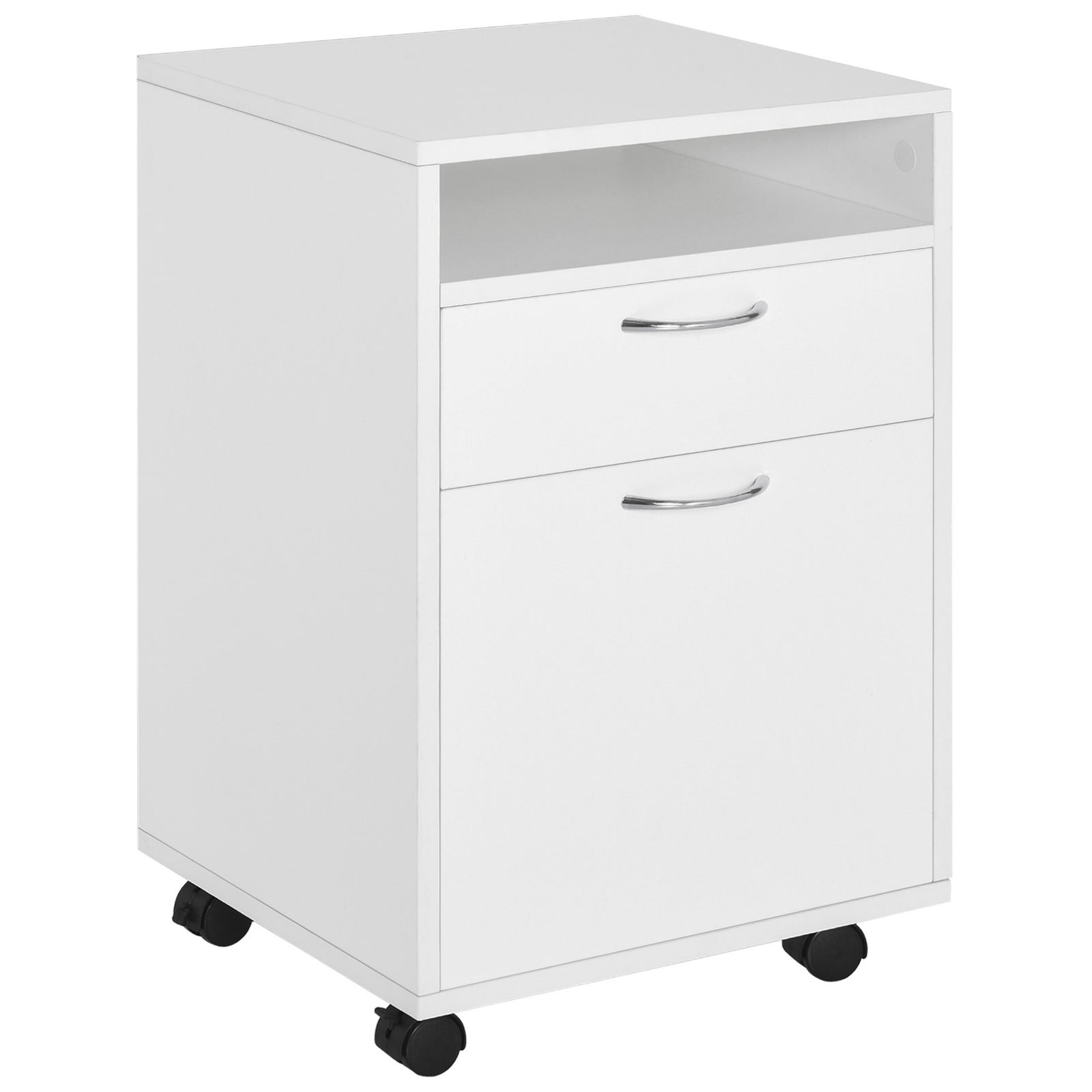 60cm Filing Cabinet with Drawer, Open Shelf, Metal Handles and 4 Wheels, Office Home Organiser Mobile Printer, White