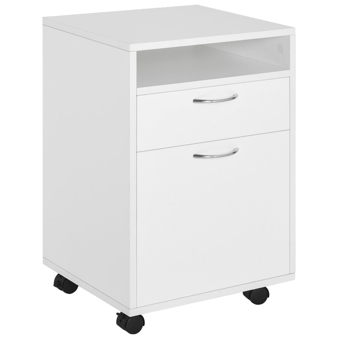 MCL 60cm Filing Cabinet with Drawer, Open Shelf, Metal Handles and 4 Wheels, Office Home Organiser Mobile Printer, White